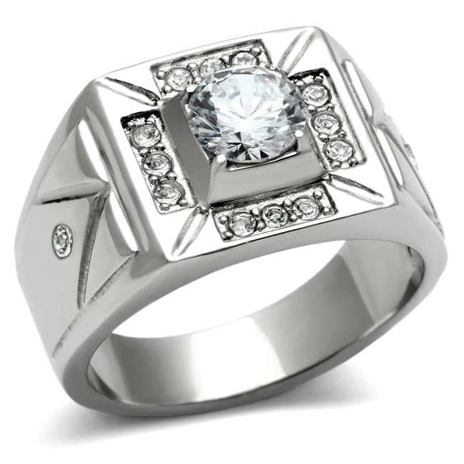 Men High Polished Stainless Steel Ring with AAA Grade CZ in Clear - Size 9