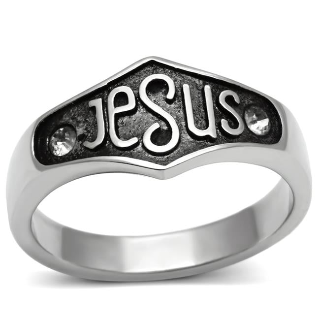 Unisex High Polished Stainless Steel Ring with Top Grade Crystal in Clear - Size 13