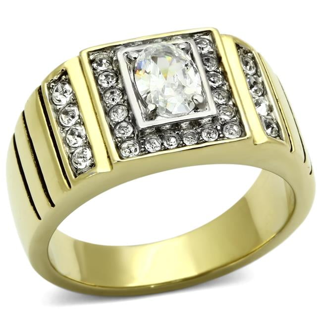 Men Two-Tone IP Gold Stainless Steel Ring with AAA Grade CZ in Clear - Size 9