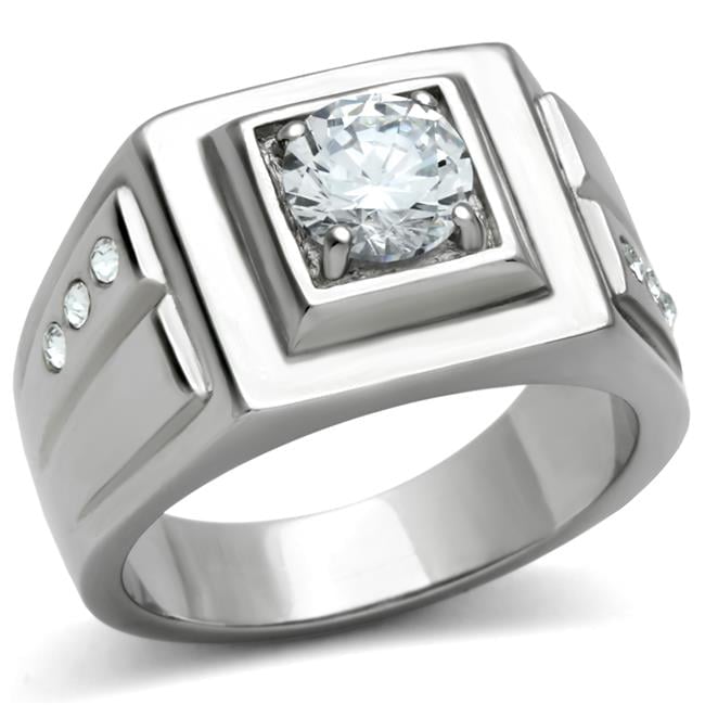Men High Polished Stainless Steel Ring with AAA Grade CZ in Clear - Size 10