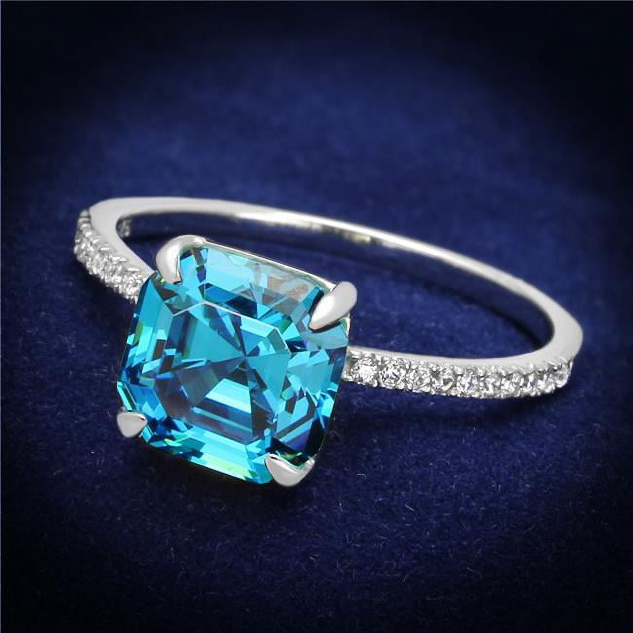 TS178-9 Women Rhodium 925 Sterling Silver Ring with Cubic in Sea Blue - Size 9