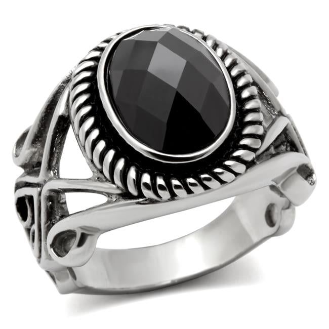 TK322-11 Men High Polished Stainless Steel Ring with AAA Grade CZ in Black Diamond - Size 11