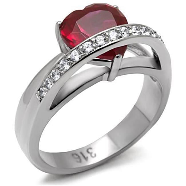 TK089-5 Women High Polished Stainless Steel Ring with AAA Grade CZ in Ruby - Size 5