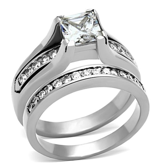 Women High Polished Stainless Steel Ring with AAA Grade CZ in Clear - Size 9