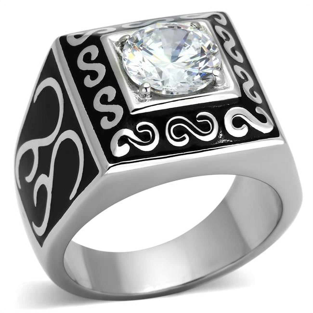 Men High Polished Stainless Steel Ring with AAA Grade CZ in Clear - Size 9