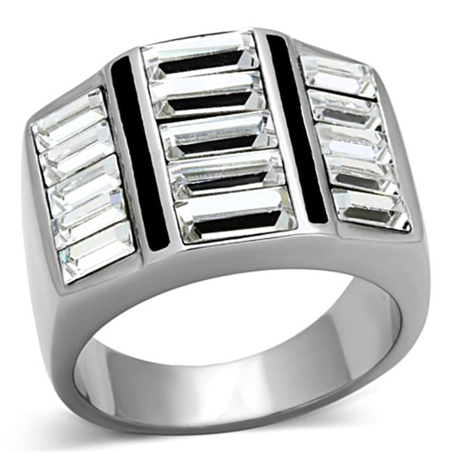TK1185-9 Men High Polished Stainless Steel Ring with Top Grade Crystal in Clear - Size 9
