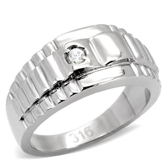 Men High Polished Stainless Steel Ring with AAA Grade CZ in Clear - Size 8