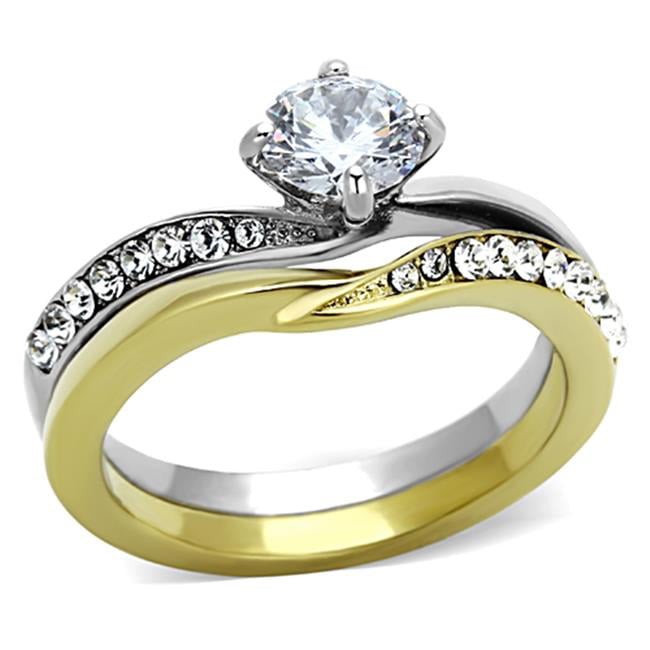 Women Two-Tone IP Gold Stainless Steel Ring with AAA Grade CZ in Clear - Size 10