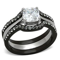 Women Two-Tone IP Black Stainless Steel Ring with AAA Grade CZ in Clear - Size 7