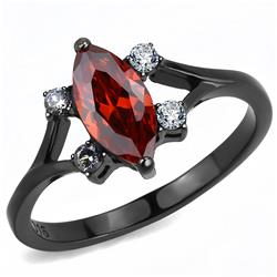 Women IP Black Stainless Steel Ring with AAA Grade CZ in Garnet - Size 6
