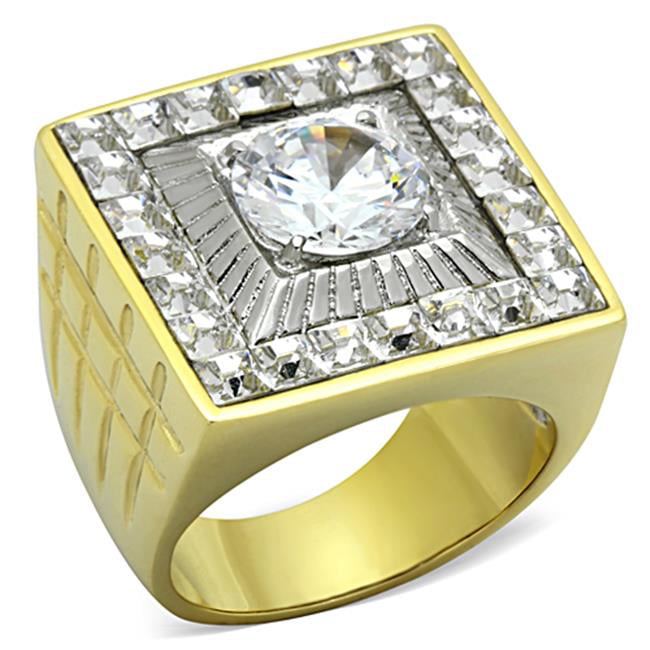 Men Two-Tone IP Gold Stainless Steel Ring with AAA Grade CZ in Clear - Size 10