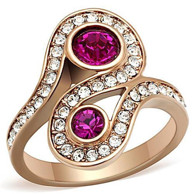 TK1413-6 Women IP Rose Gold Stainless Steel Ring with Top Grade Crystal in Fuchsia - Size 6