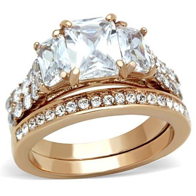 Women IP Rose Gold Stainless Steel Ring with AAA Grade CZ in Clear - Size 6