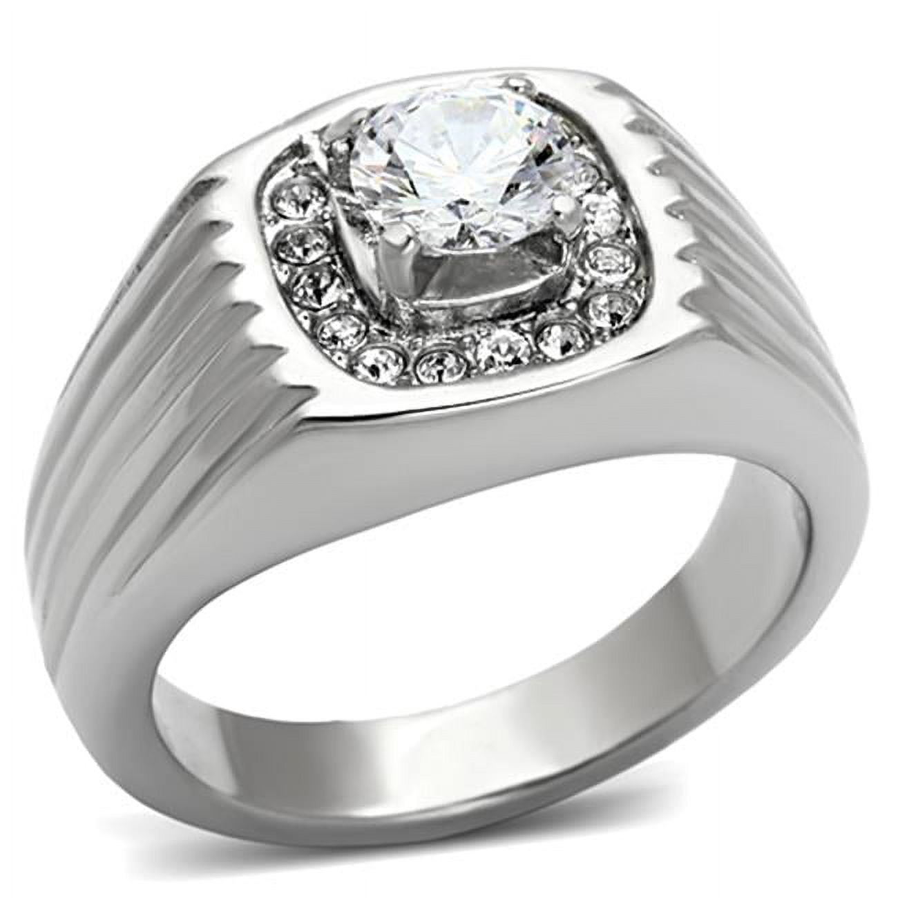 Men High Polished Stainless Steel Ring with AAA Grade CZ in Clear - Size 11
