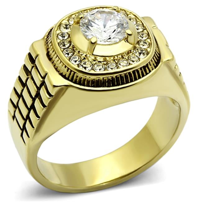 Men IP Gold Stainless Steel Ring with AAA Grade CZ in Clear - Size 13