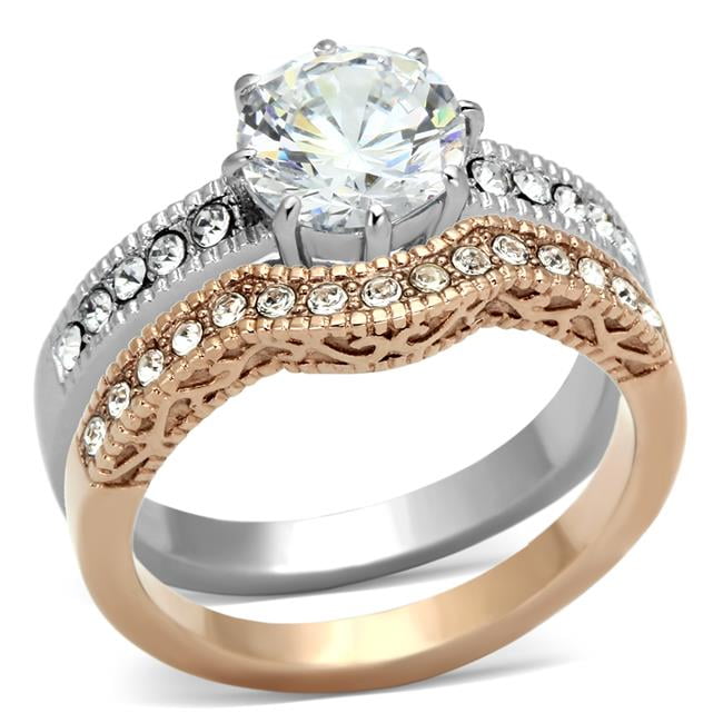 Women Two-Tone IP Rose Gold Stainless Steel Ring with AAA Grade CZ in Clear - Size 8