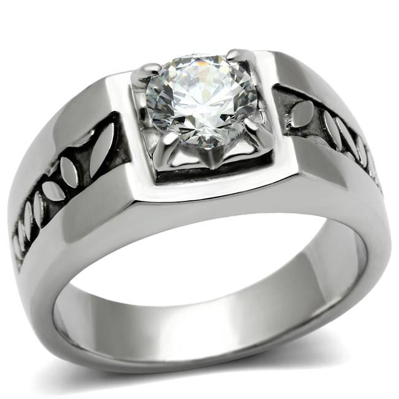 Men High Polished Stainless Steel Ring with AAA Grade CZ in Clear - Size 8