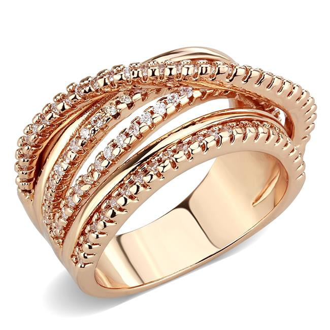 Women Rose Gold Brass Ring with AAA Grade CZ in Clear - Size 8