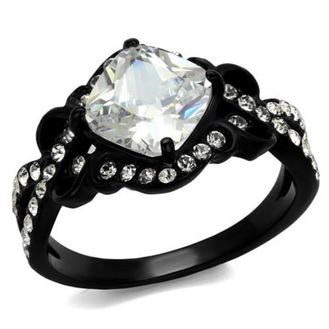Women IP Black Stainless Steel Ring with AAA Grade CZ in Clear - Size 6
