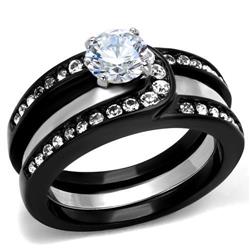 Women Two-Tone IP Black Stainless Steel Ring with AAA Grade CZ in Clear - Size 7