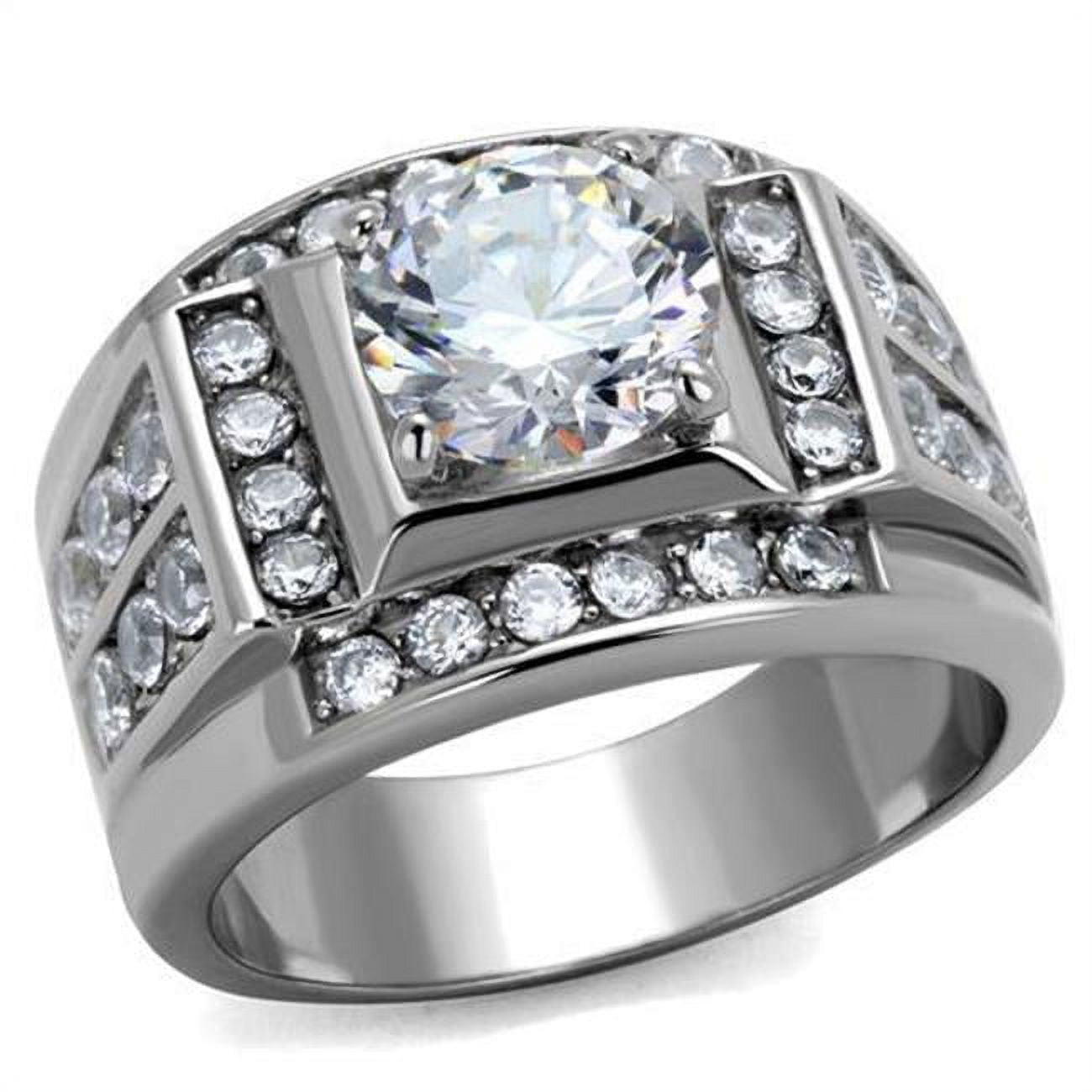 Men High Polished Stainless Steel Ring with AAA Grade CZ in Clear - Size 10