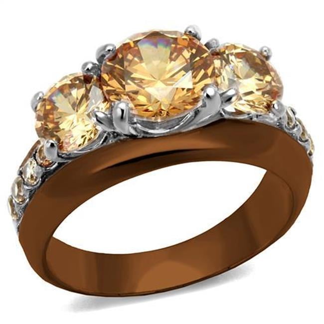 Women Two Tone IP Light Brown Stainless Steel Ring with AAA Grade CZ in Champagne - Size 5