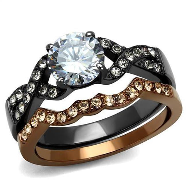TK2958-10 Women IP Light Black & IP Light Coffee Stainless Steel Ring with AAA Grade CZ in Clear - Size 10