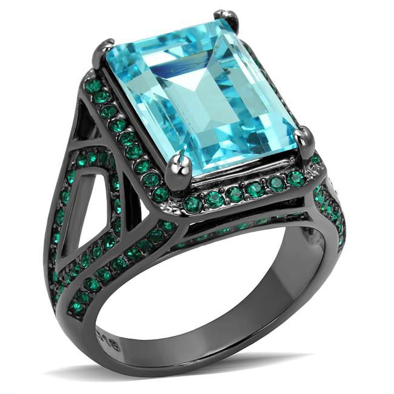Women IP Light Black Stainless Steel Ring with Top Grade Crystal in Sea Blue - Size 7