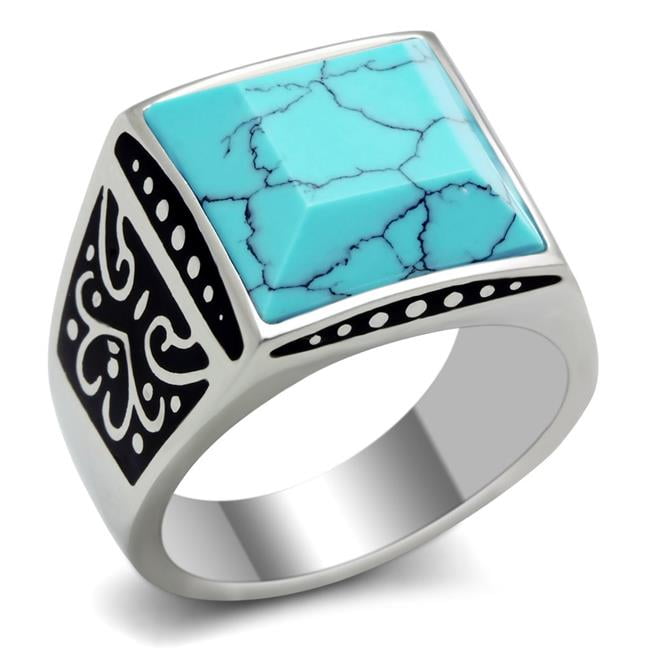TK304-9 Men High Polished Stainless Steel Ring with Synthetic in Sea Blue - Size 9