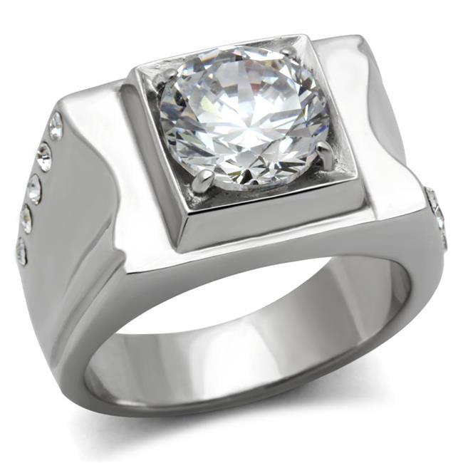 Men High Polished Stainless Steel Ring with AAA Grade CZ in Clear - Size 12