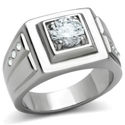TK313-9 Men High Polished Stainless Steel Ring with AAA Grade CZ in Clear - Size 9