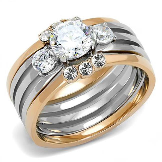 Women Two-Tone IP Rose Gold Stainless Steel Ring with AAA Grade CZ in Clear - Size 5