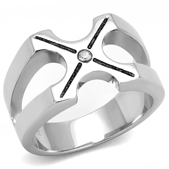 Men High Polished Stainless Steel Ring with AAA Grade CZ in Clear - Size 8