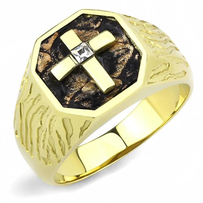 Men IP Gold Stainless Steel Ring with Top Grade Crystal in Clear - Size 9