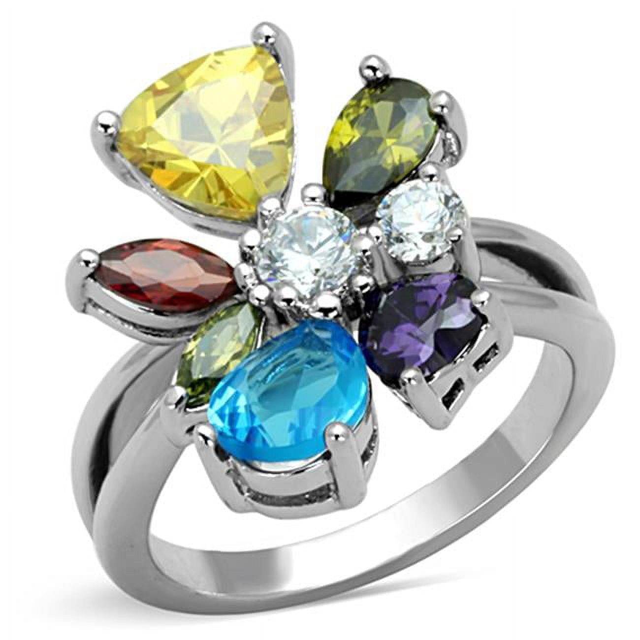 Women Rhodium Brass Ring with AAA Grade CZ in Multi Color - Size 5