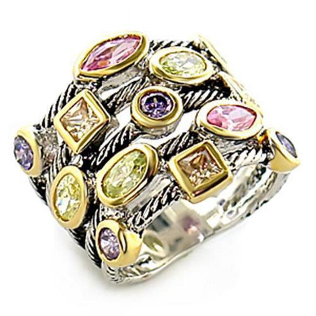 Women Reverse Two-Tone Brass Ring with AAA Grade CZ in Multi Color - Size 5