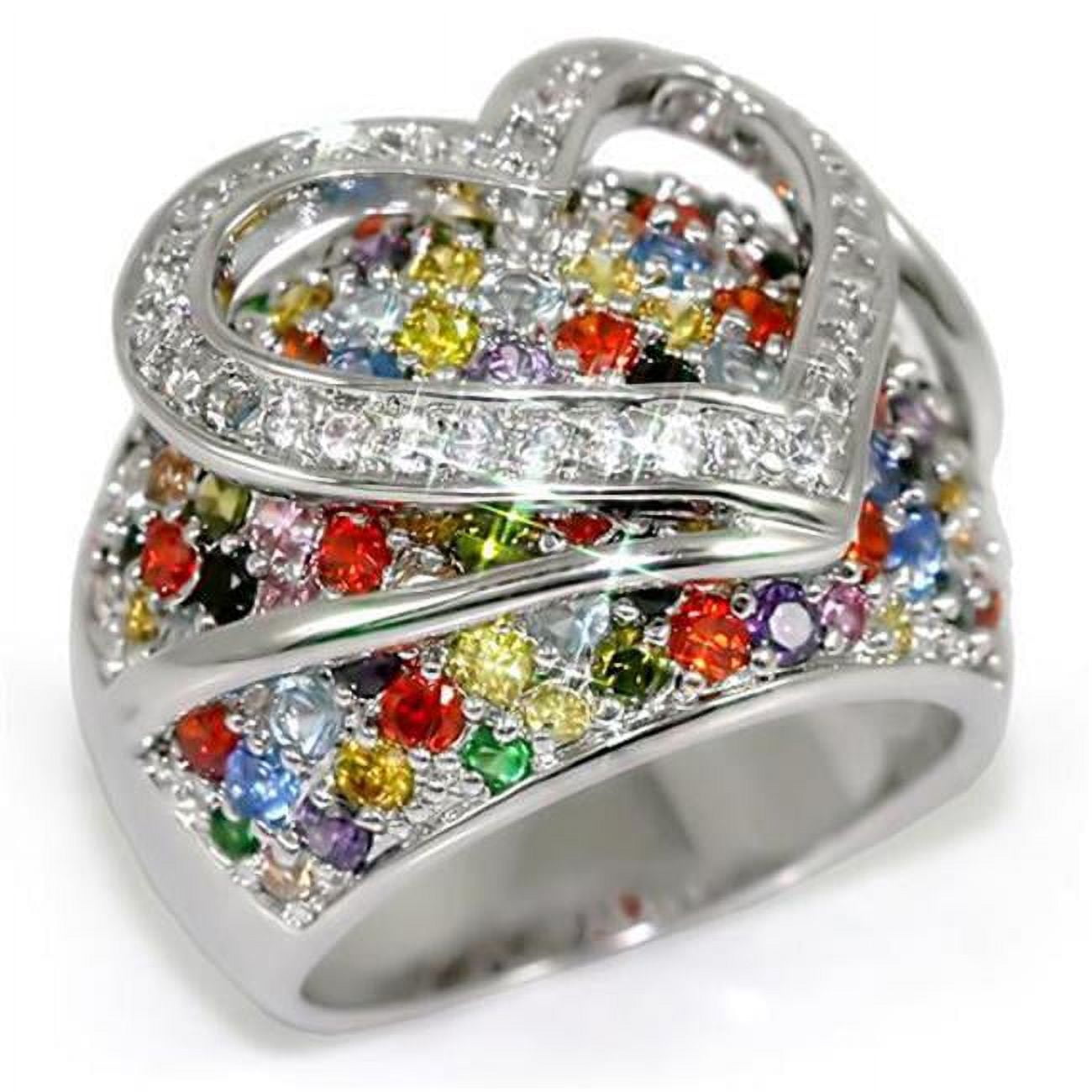 Women Rhodium Brass Ring with AAA Grade CZ in Multi Color - Size 7