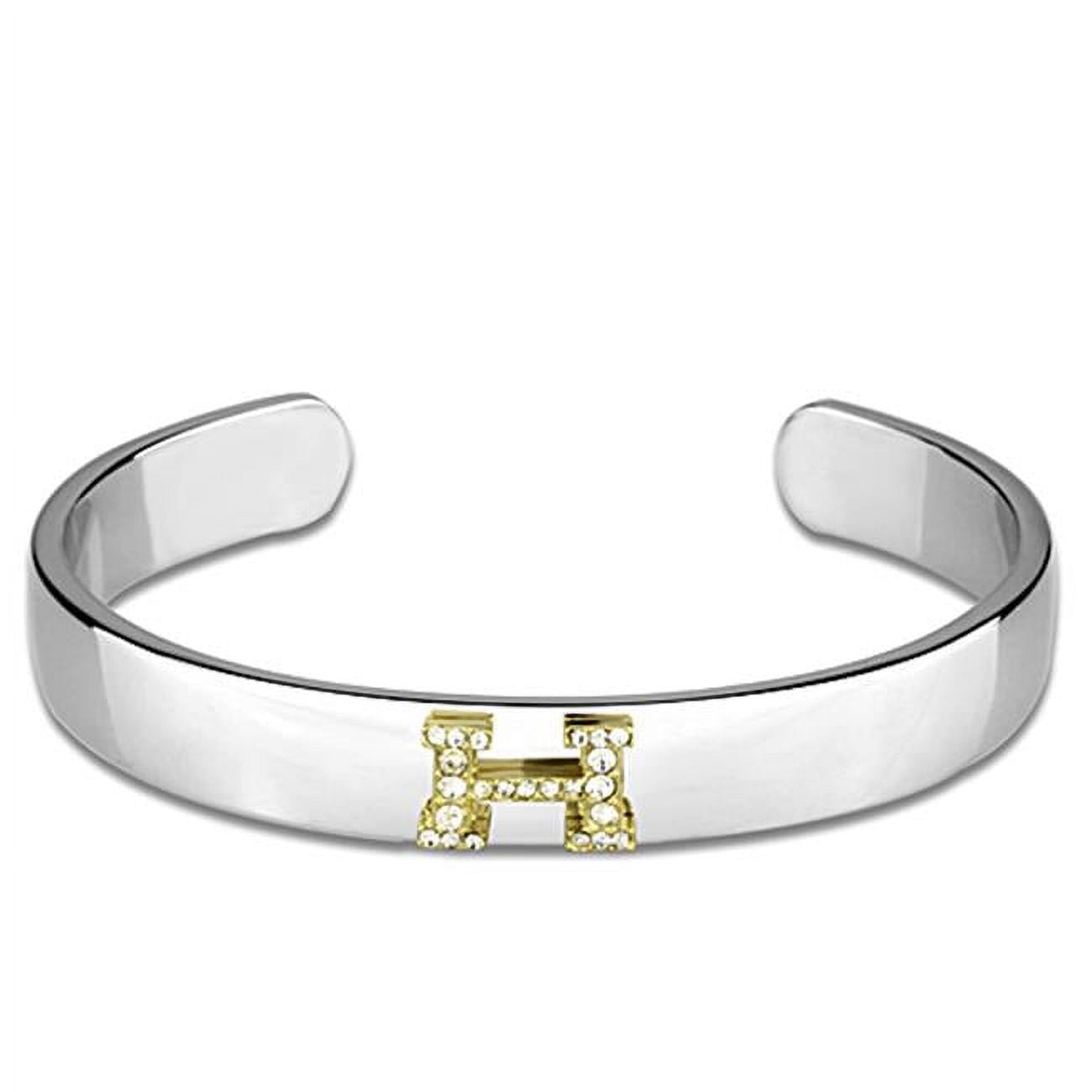 Women Reverse Two-Tone White Metal Bangle with Top Grade Crystal in Clear - 6.75 in.