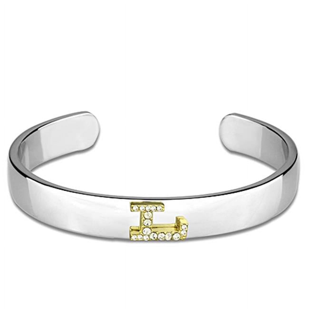 Women Reverse Two-Tone White Metal Bangle with Top Grade Crystal in Clear - 6.75 in.