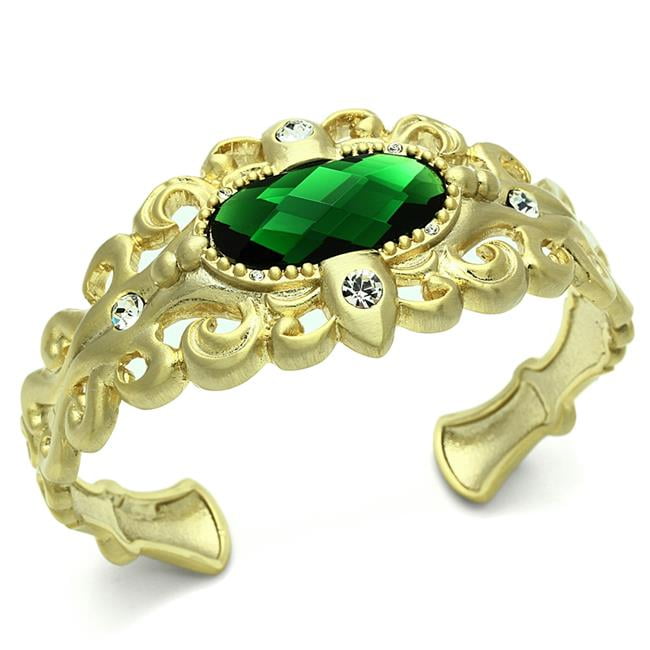 Women Gold & Brush Brass Bangle with Synthetic in Emerald - 8 in.