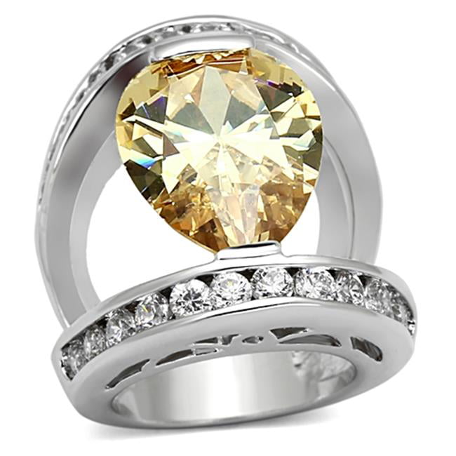 Women Rhodium Brass Ring with AAA Grade CZ in Champagne - Size 7