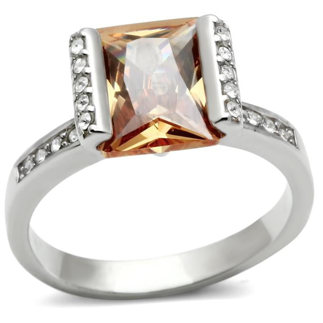 Women Rhodium 925 Sterling Silver Ring with AAA Grade CZ in Champagne - Size 6