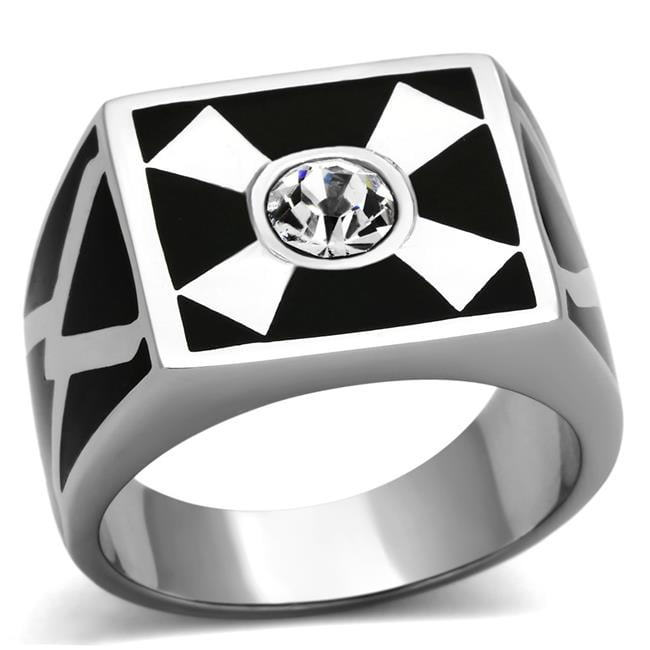 Men High Polished Stainless Steel Ring with Top Grade Crystal in Clear - Size 13