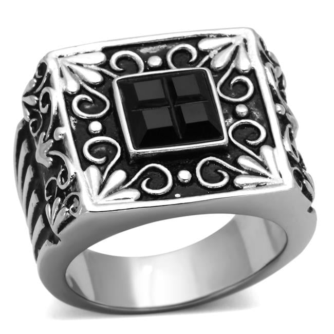 TK1074-9 Men High Polished Stainless Steel Ring with Synthetic in Jet - Size 9