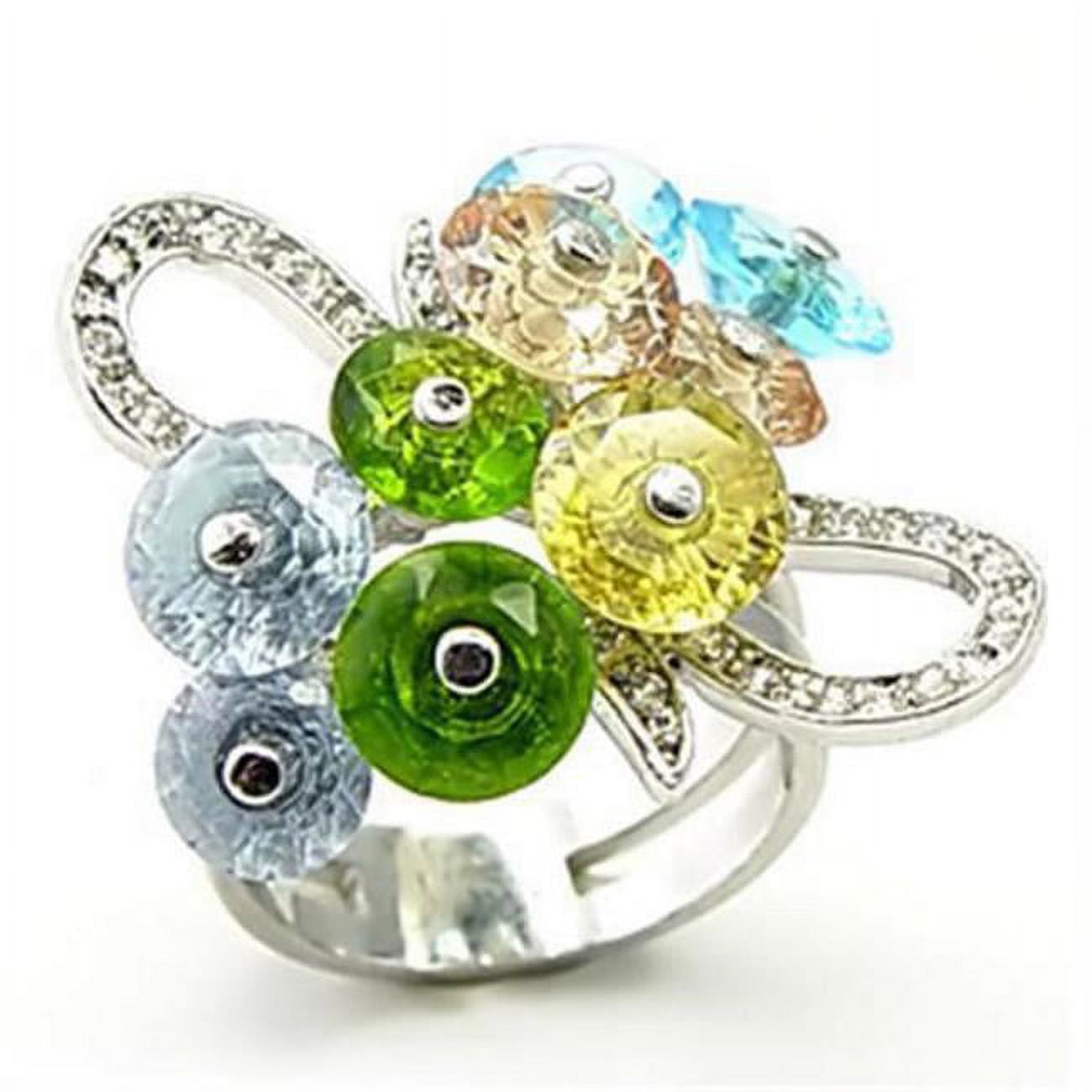 Rhodium Brass Ring with AAA Grade CZ, Multi Color - Size 6