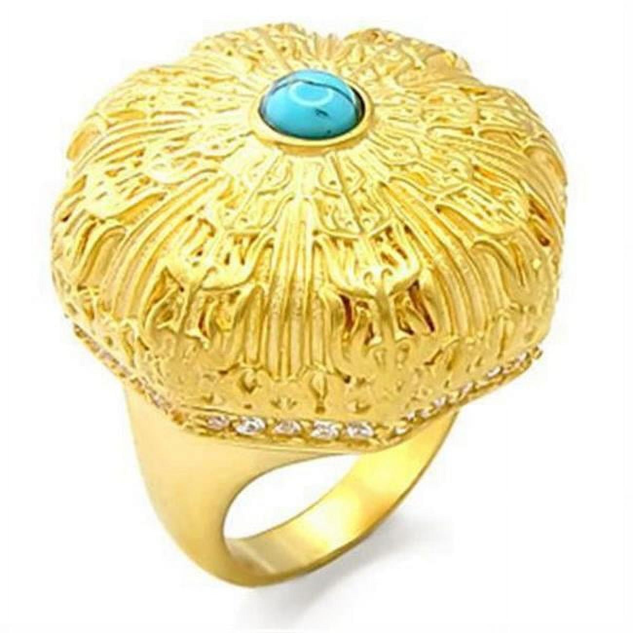 Picture of Alamode 70913-7 Gold Brass Ring with Synthetic Turquoise, Sea Blue - Size 7