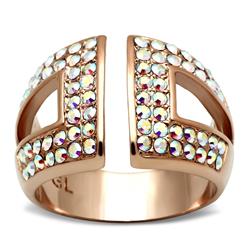 IP Rose Gold Ion Plating Brass Ring with Top Grade Crystal, Rainbow Effect Aurora Borealis - Size 8