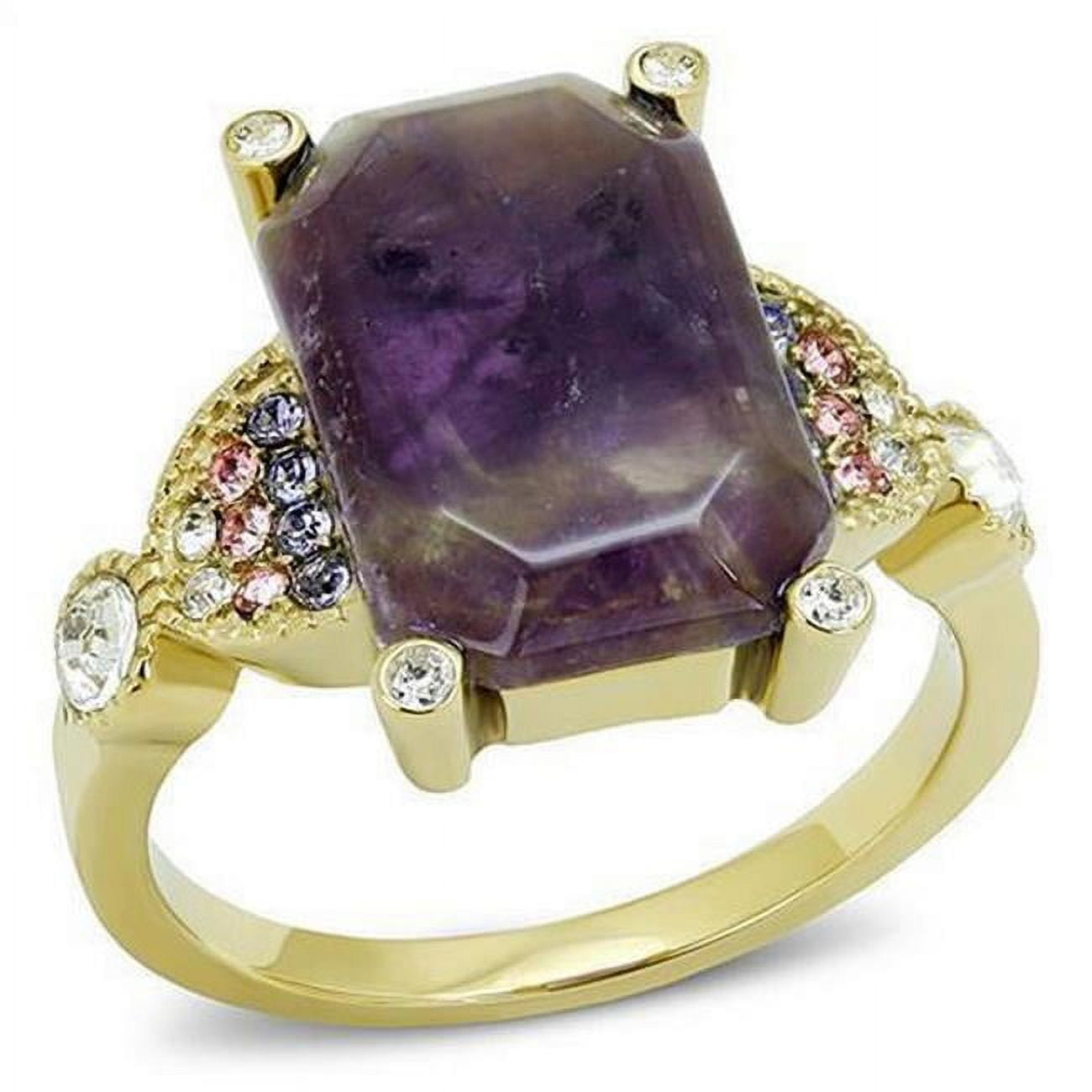 IP Gold Ion Plating Stainless Steel Ring with Semi-Precious Amethyst Crystal, Size 6