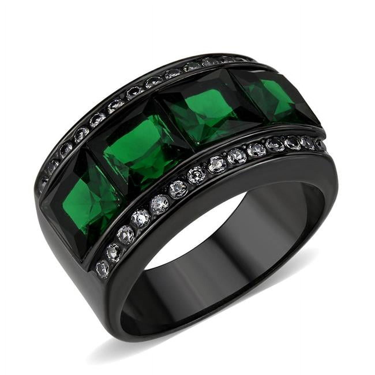 IP Black Stainless Steel Ring with Synthetic Stone, Emerald - Size 6