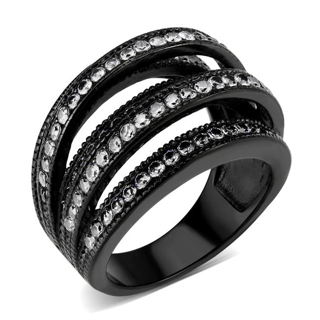 IP Black Stainless Steel Ring with AAA Grade CZ, Clear - Size 9